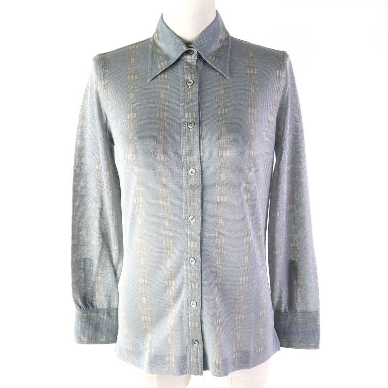 Celine Rare Old Celine Chain Pattern Lame Long Sleeve Shirt Blue Grey Beige
