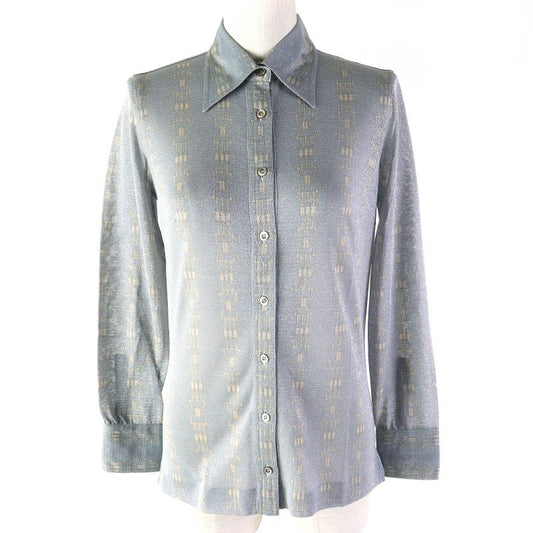 Celine Rare Old Celine Chain Pattern Lame Long Sleeve Shirt Blue Grey Beige