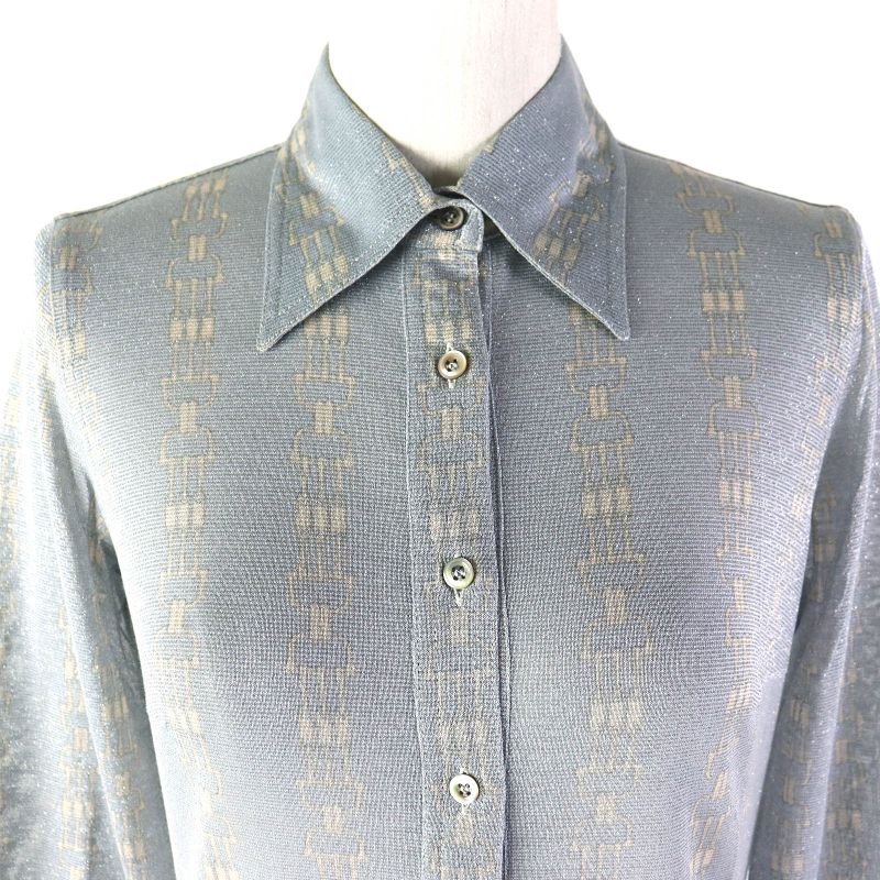 Celine Rare Old Celine Chain Pattern Lame Long Sleeve Shirt Blue Grey Beige