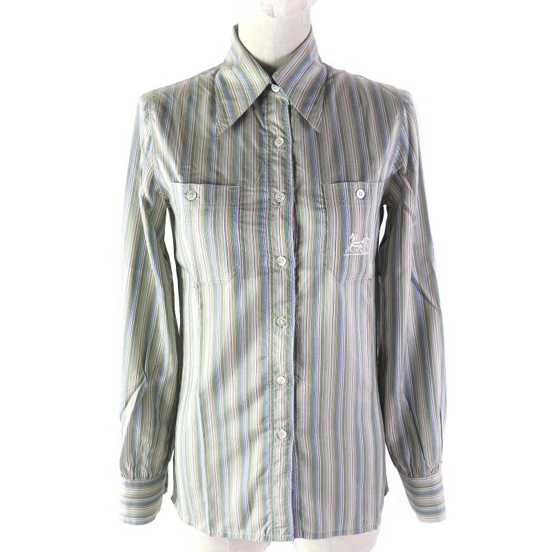 Celine 100% Silk Rare Old Celine Carriage Embroidery Striped Long Sleeve