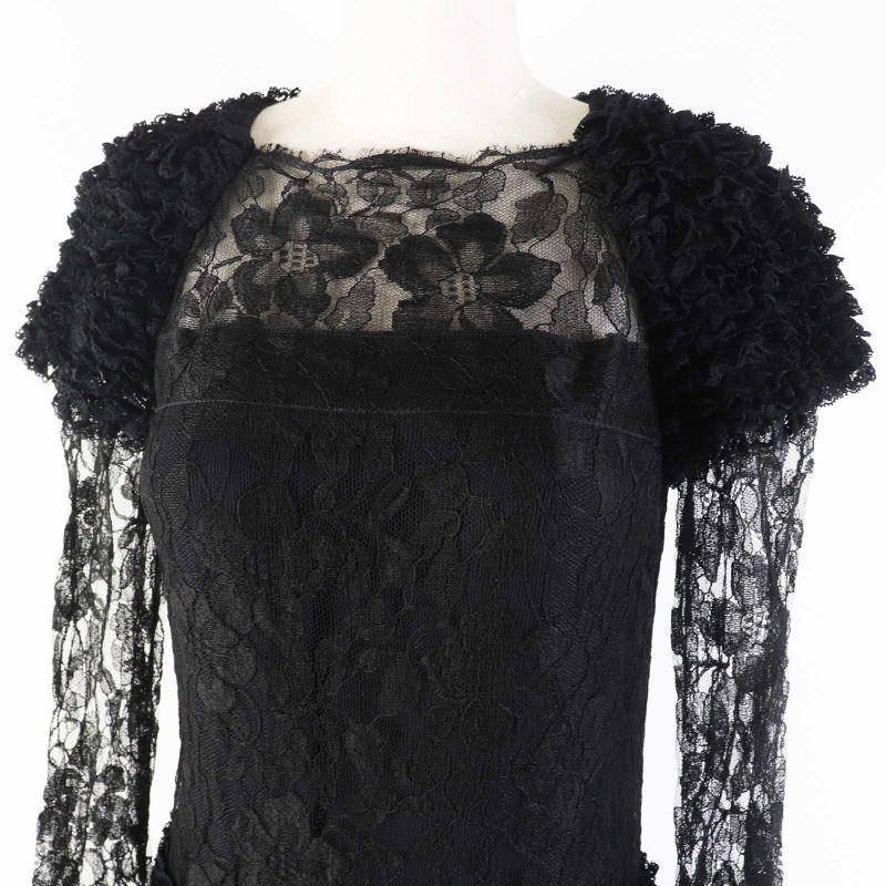 CHANEL P41859 Total Lace Long Sleeve Long Dress/dress Black 38 Made In France