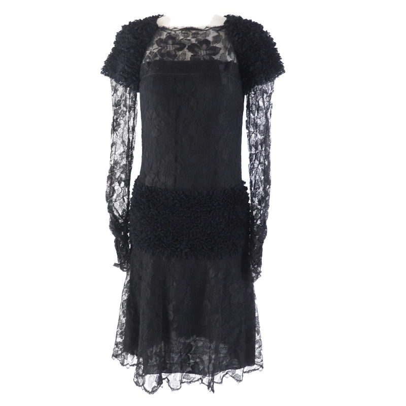 CHANEL P41859 Total Lace Long Sleeve Long Dress/dress Black 38 Made In France