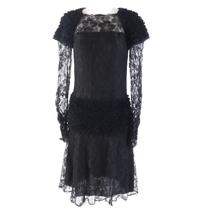 CHANEL P41859 Total Lace Long Sleeve Long Dress/dress Black 38 Made In France