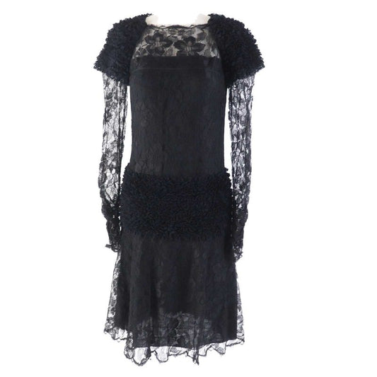 CHANEL P41859 Total Lace Long Sleeve Long Dress/dress Black 38 Made In France