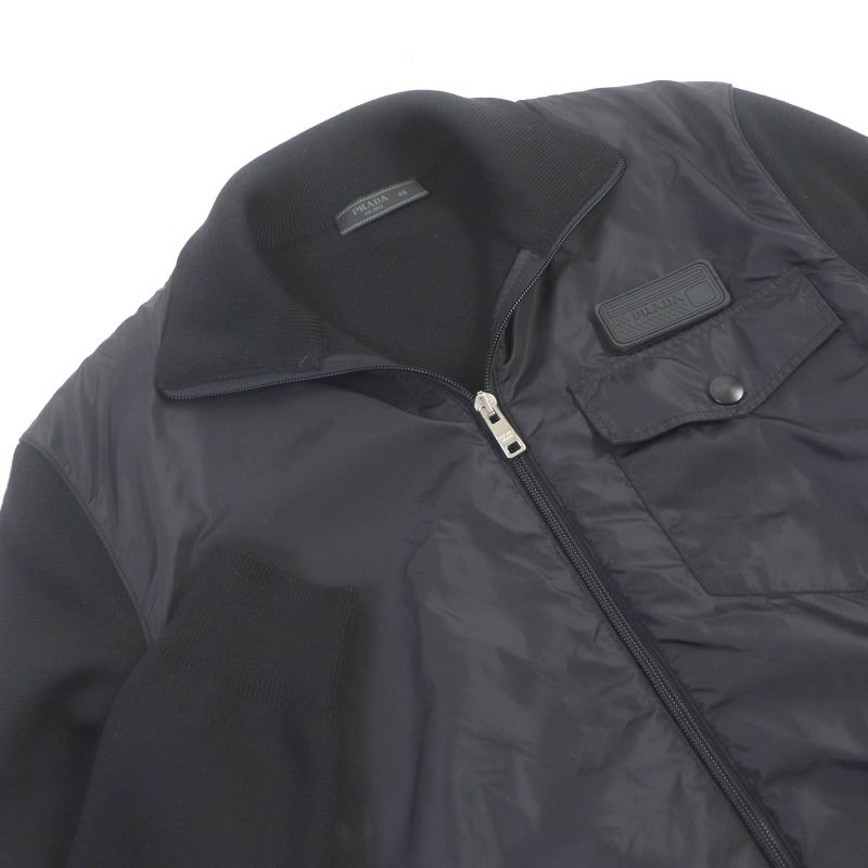 Prada Umc134 Virgin Wool Nylon Switched Zip Up Knit Blouson Jacket Black 46