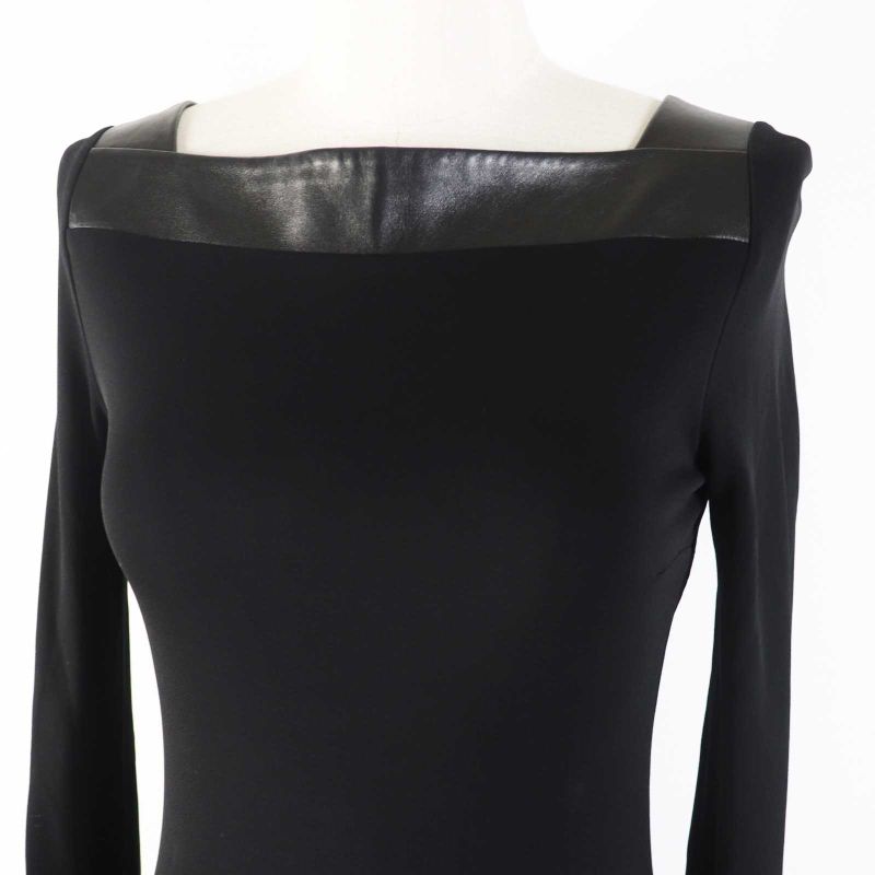 Gucci 364339 100% Rayon Lamb Leather Use Square Neck Long Sleeves Dress Black