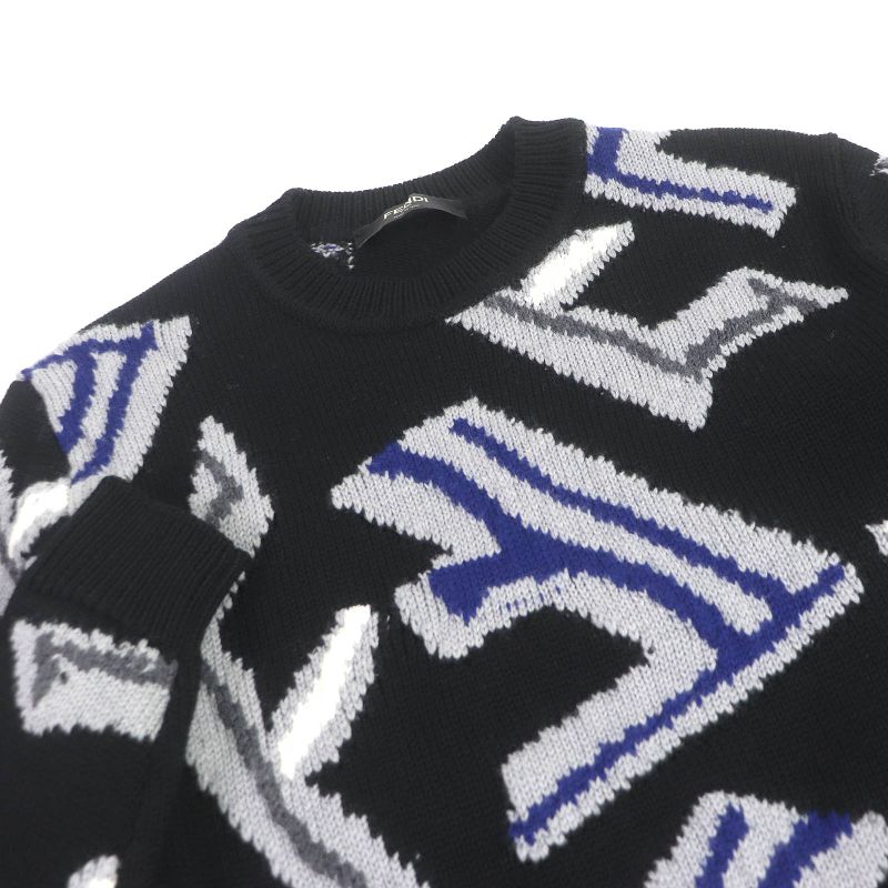 Fendi 21AW Fzx013 100% Virgin Wool FF Fragment Logo Allover Pattern Crew Neck