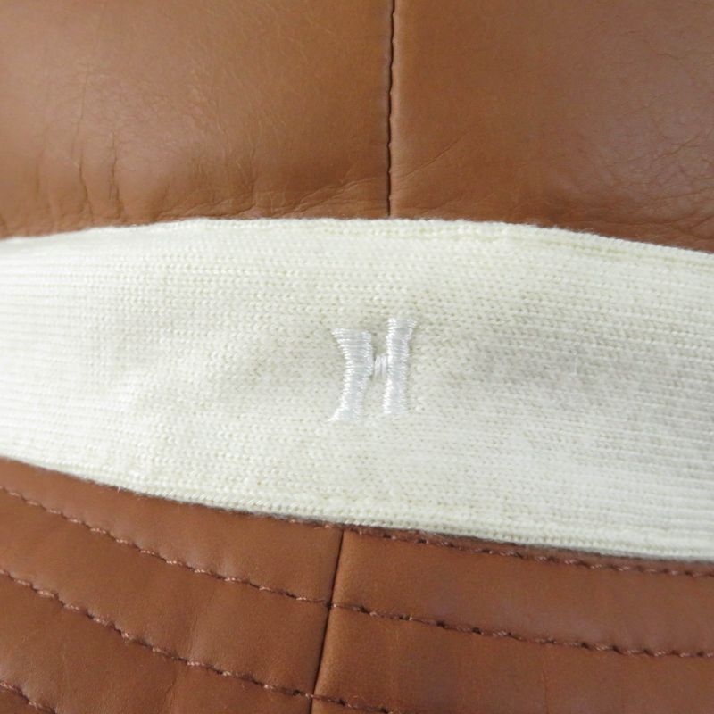 Hermes Calf Leather 100% Cashmere Piping H Embroidered Bucket Hat Brown Ivory