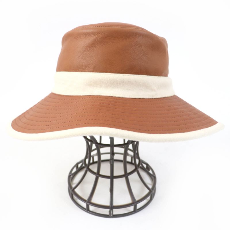 Hermes Calf Leather 100% Cashmere Piping H Embroidered Bucket Hat Brown Ivory