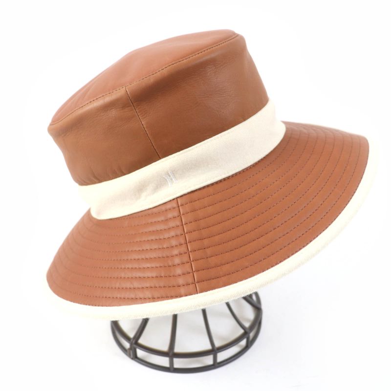 Hermes Calf Leather 100% Cashmere Piping H Embroidered Bucket Hat Brown Ivory
