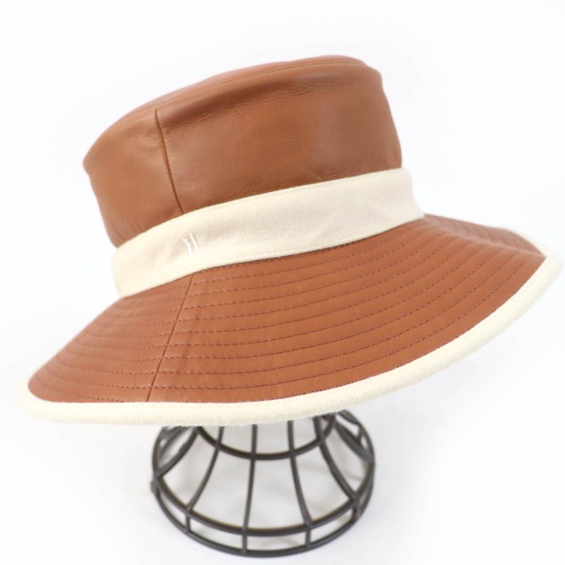 Hermes Calf Leather 100% Cashmere Piping H Embroidered Bucket Hat Brown Ivory
