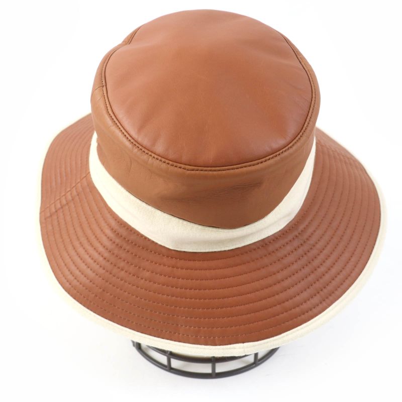 Hermes Calf Leather 100% Cashmere Piping H Embroidered Bucket Hat Brown Ivory