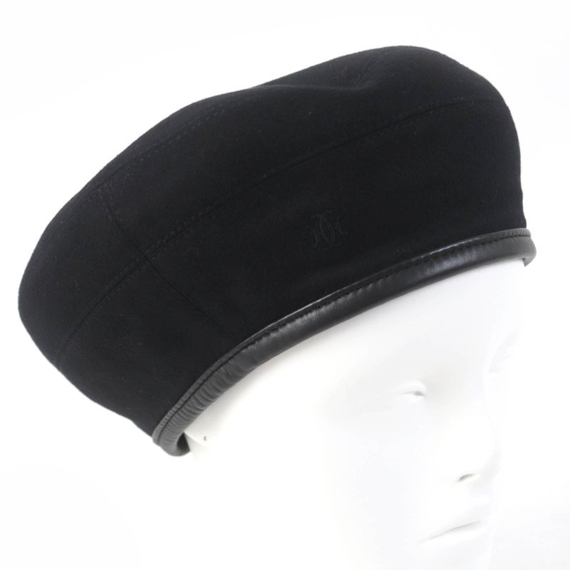 Hermes 100% Cashmere Lamb Leather Use H Lift Embroidered Beret Hat Black 58 Hat