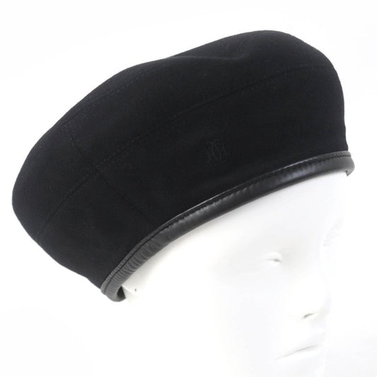 Hermes 100% Cashmere Lamb Leather Use H Lift Embroidered Beret Hat Black 58 Hat