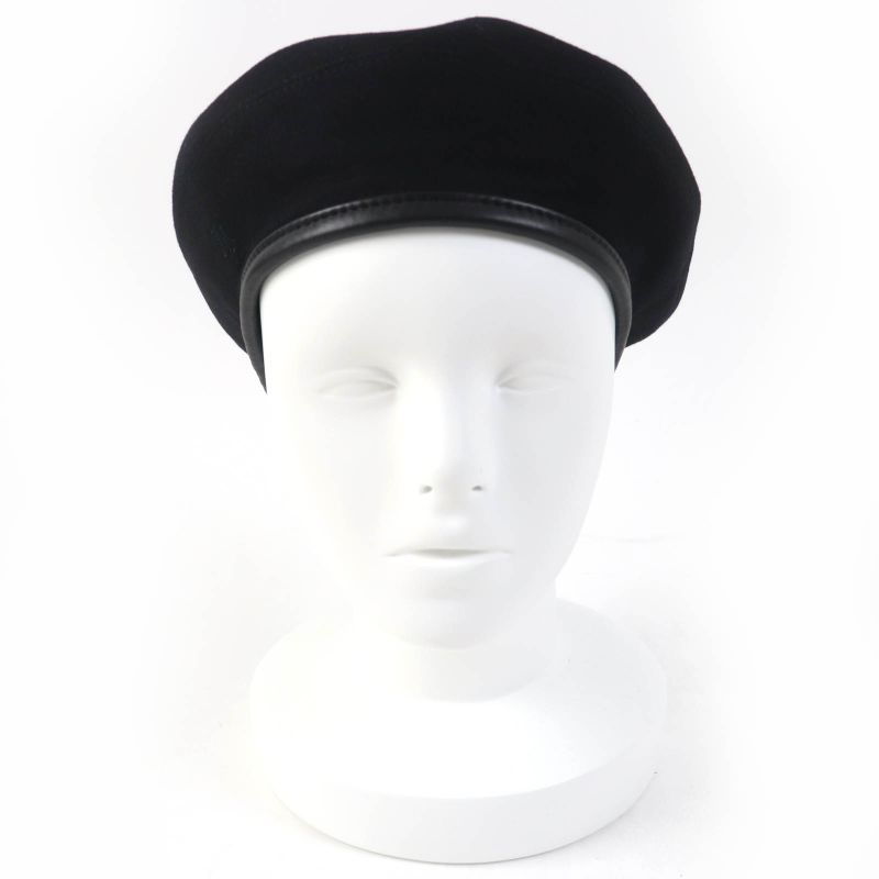 Hermes 100% Cashmere Lamb Leather Use H Lift Embroidered Beret Hat Black 58 Hat