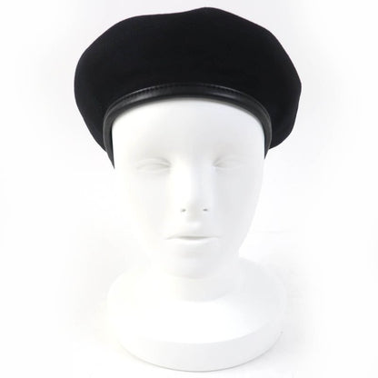 Hermes 100% Cashmere Lamb Leather Use H Lift Embroidered Beret Hat Black 58 Hat
