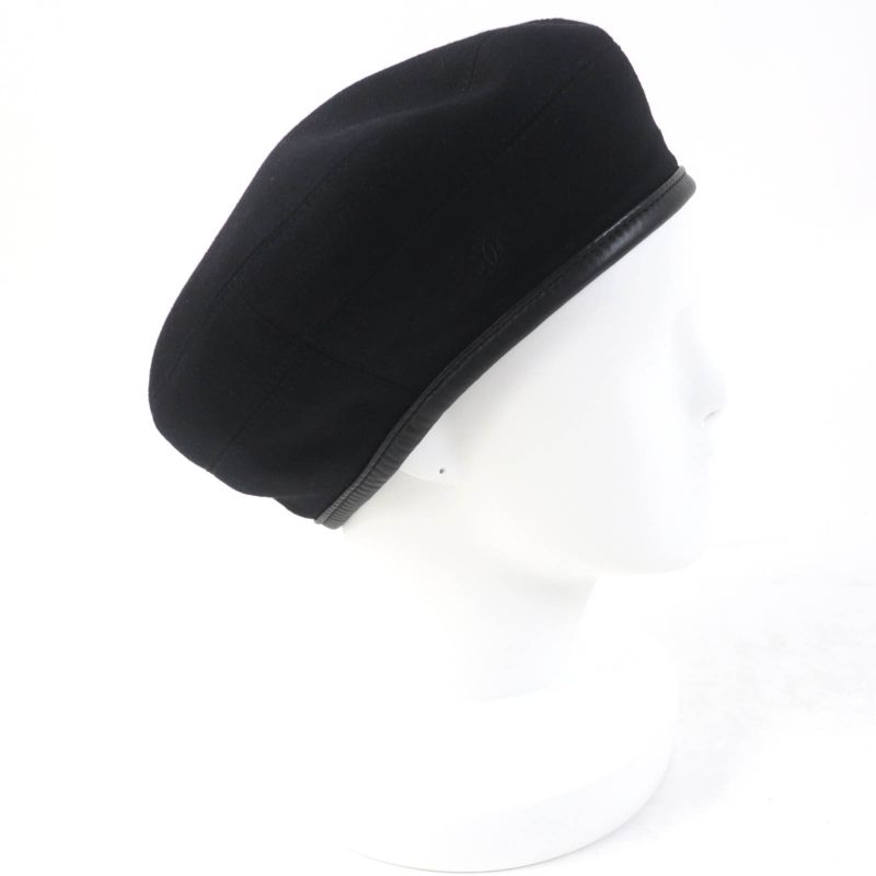 Hermes 100% Cashmere Lamb Leather Use H Lift Embroidered Beret Hat Black 58 Hat