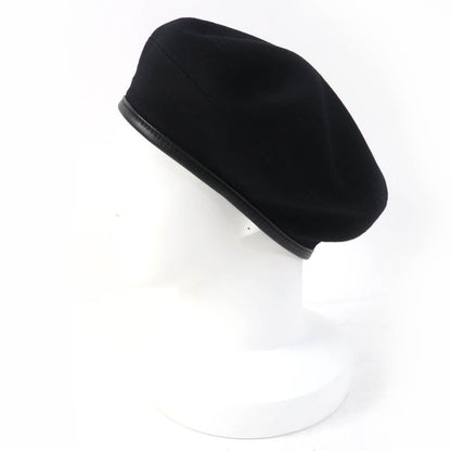 Hermes 100% Cashmere Lamb Leather Use H Lift Embroidered Beret Hat Black 58 Hat
