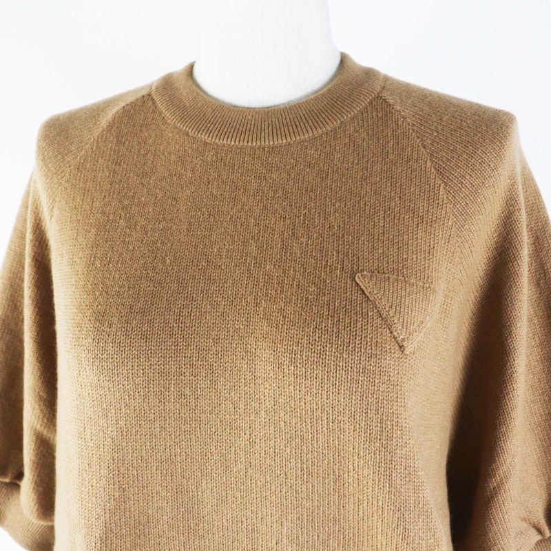 Prada 19 P24z0l 100% Cashmere Crew Neck With Triangle Logo Short Sleeves Brown