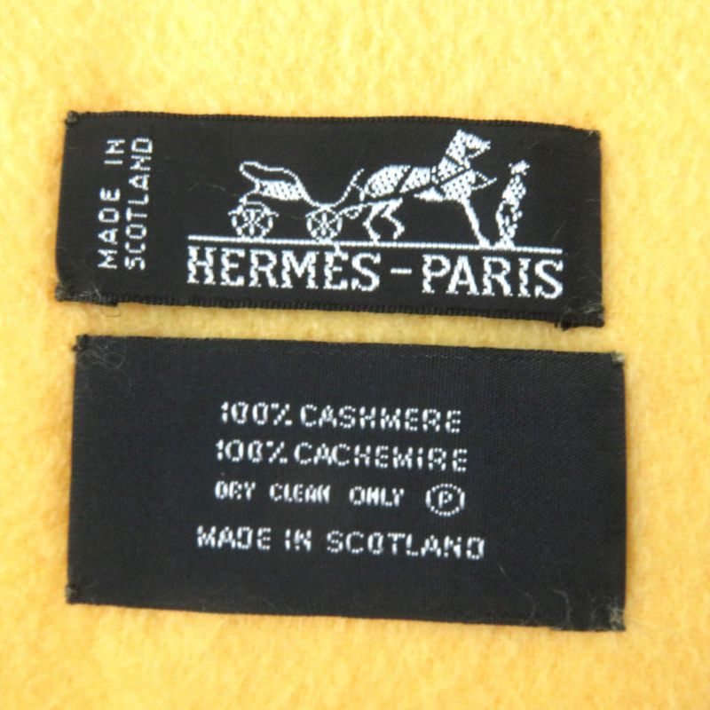 Hermes 100% Cashmere Logo Embroidery Fringe Large Shawl Yellow Made In Scotland