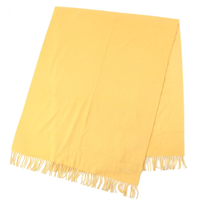 Hermes 100% Cashmere Logo Embroidery Fringe Large Shawl Yellow Made In Scotland