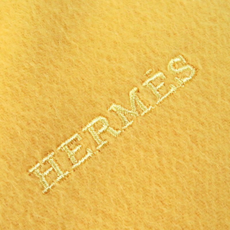 Hermes 100% Cashmere Logo Embroidery Fringe Large Shawl Yellow Made In Scotland