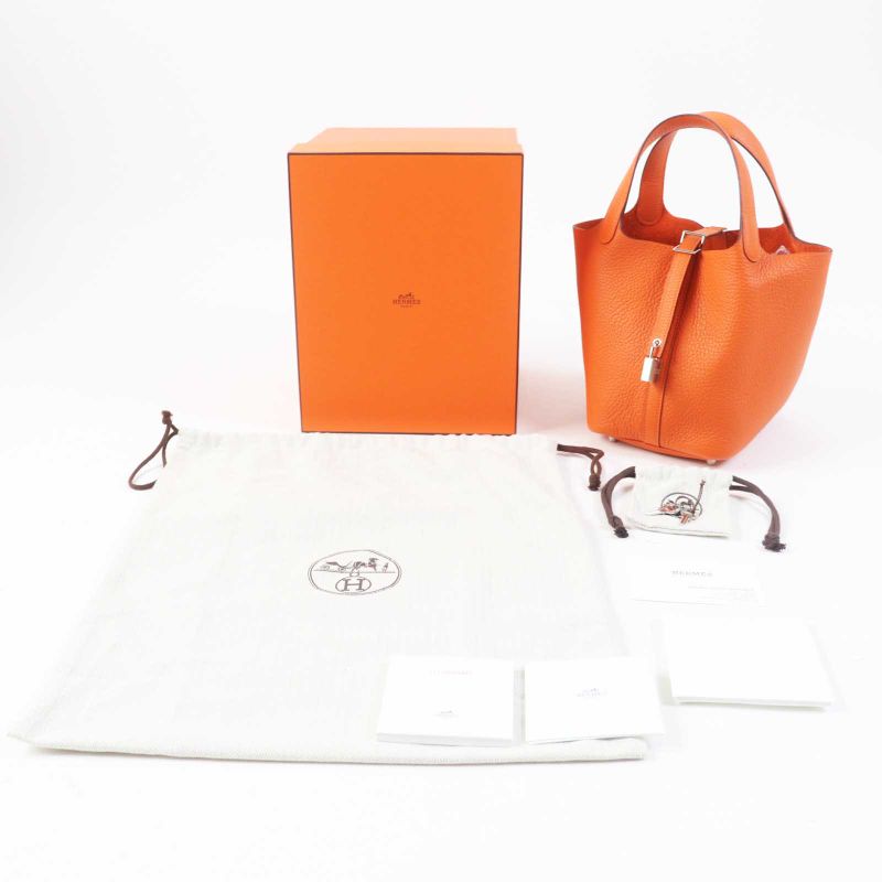Hermes Picotin Lock PM Orange Minian Silver Hardware Taurillon Clemence