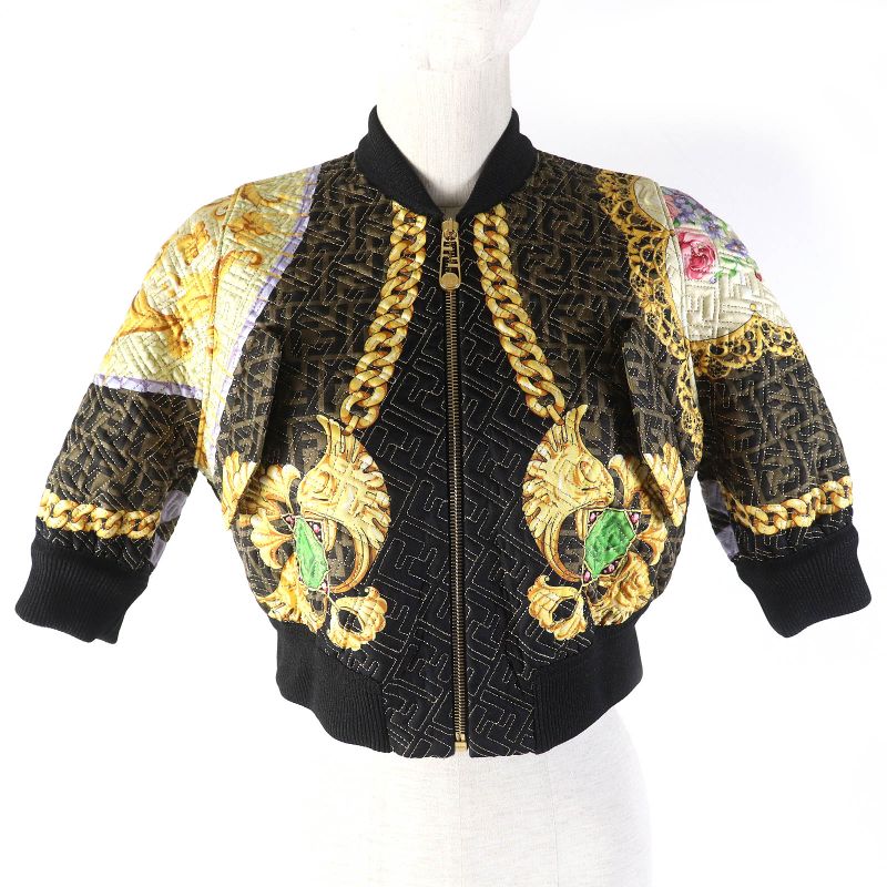 Fendace 22AW Fj7258 Fendi Versace 100% Silk FF Logo Baroque Pattern Mid Sleeve