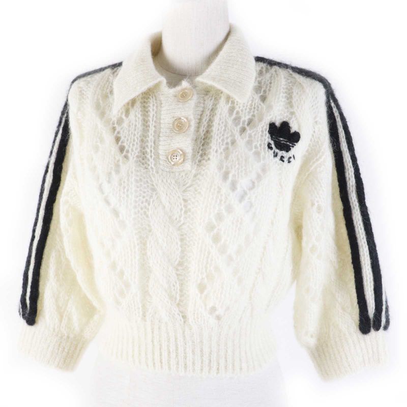 Gucci Adidas 717297 Cropped Long-sleeved Knit With Mohair Trefoil Buttons