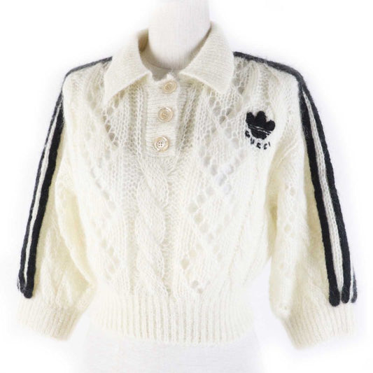 Gucci Adidas 717297 Cropped Long-sleeved Knit With Mohair Trefoil Buttons