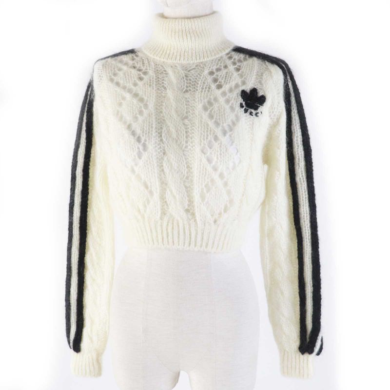 Gucci Adidas 713023 Mohair Trefoil Turtleneck Cropped Long Sleeve Knit White