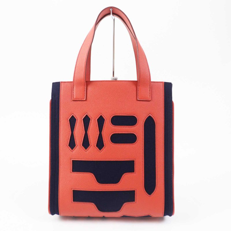 Hermes Petit H Petit Ashe Vaux Epson Felt Tote Bag Coral Pink Navy Storage