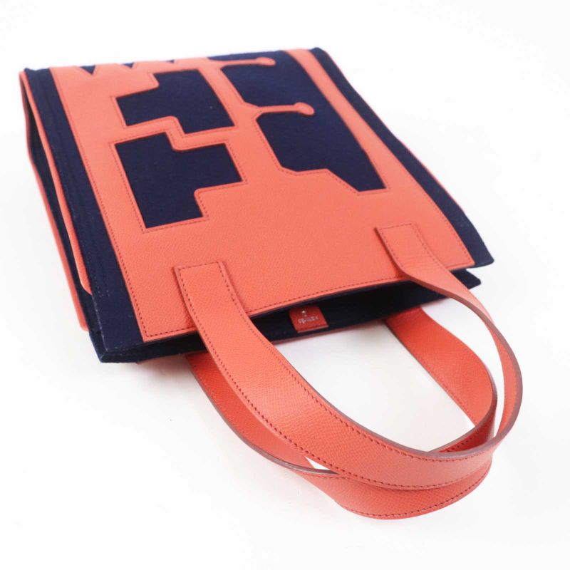 Hermes Petit H Petit Ashe Vaux Epson Felt Tote Bag Coral Pink Navy Storage