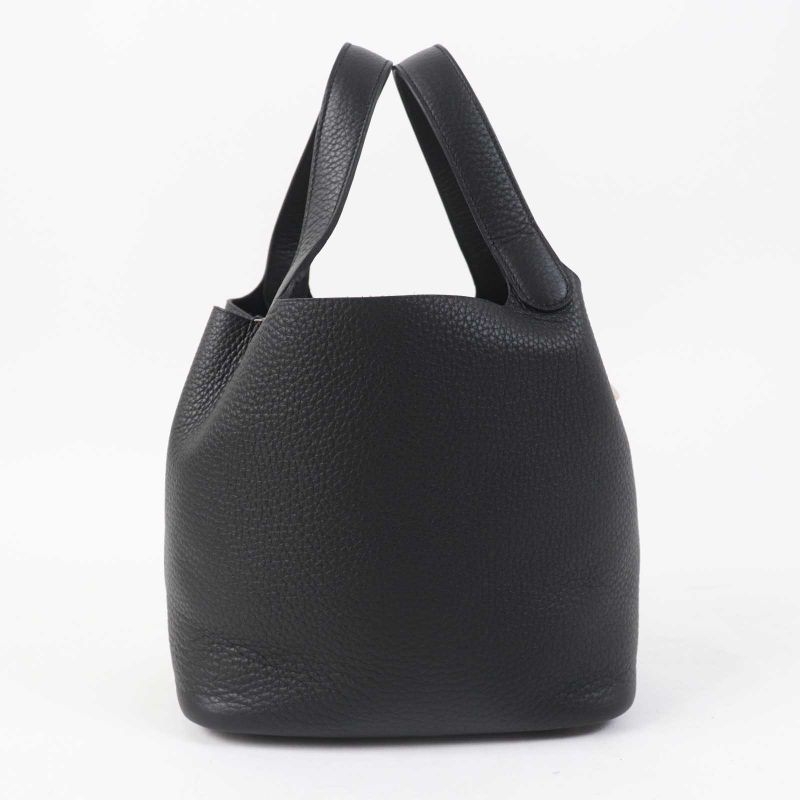 Hermes Picotin Lock MM 22 Silver Hardware Taurillon Clemence Handbag Black