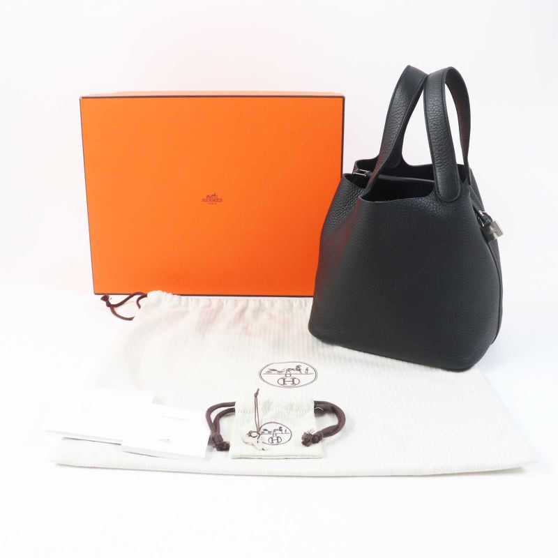 Hermes Picotin Lock MM 22 Silver Hardware Taurillon Clemence Handbag Black