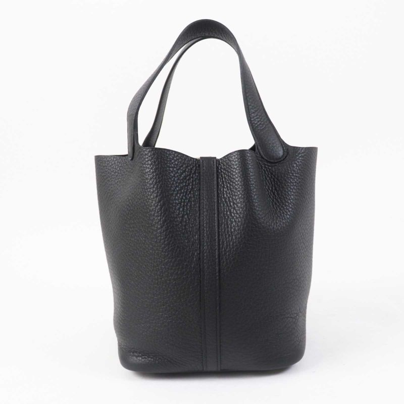 Hermes Picotin Lock MM 22 Silver Hardware Taurillon Clemence Handbag Black