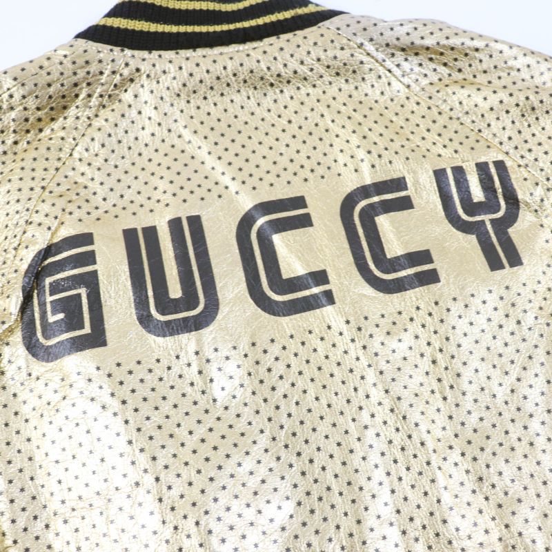 Gucci 19AW 519455 Lamb Skin Guccy Back Logo Bomber Jacket Gold 38 Made In Italy