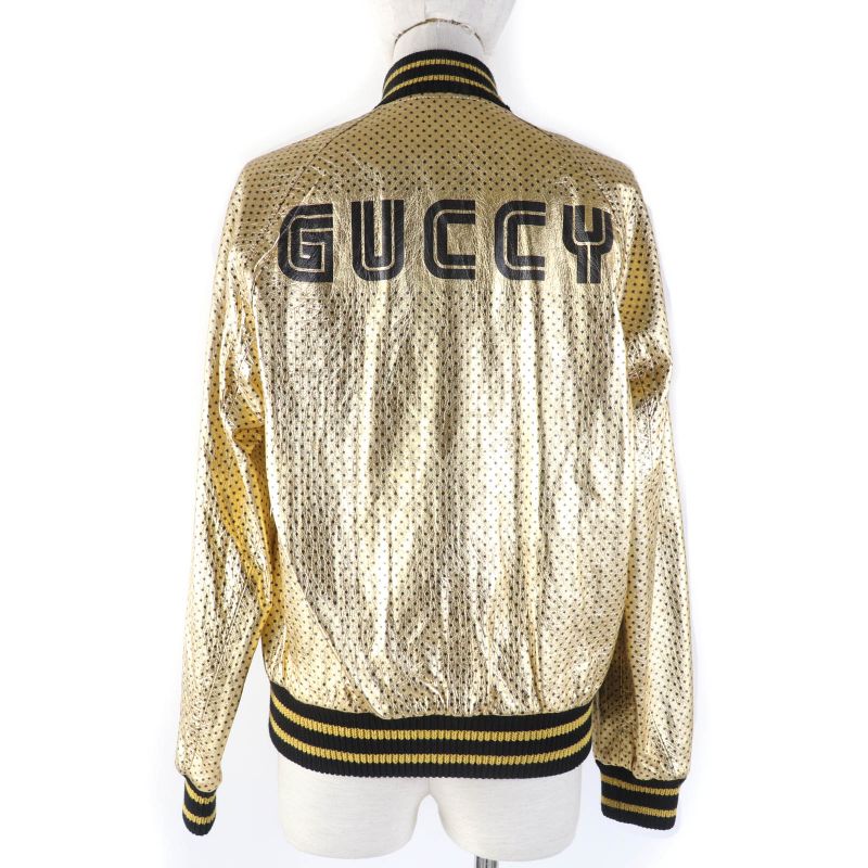 Gucci 19AW 519455 Lamb Skin Guccy Back Logo Bomber Jacket Gold 38 Made In Italy