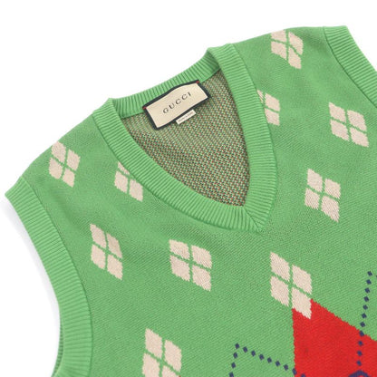 Gucci 21AW 653841 100% Cotton GG Logo Argyle V-neck Gilet Knit Vest Green S