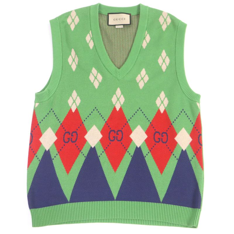 Gucci 21AW 653841 100% Cotton GG Logo Argyle V-neck Gilet Knit Vest Green S