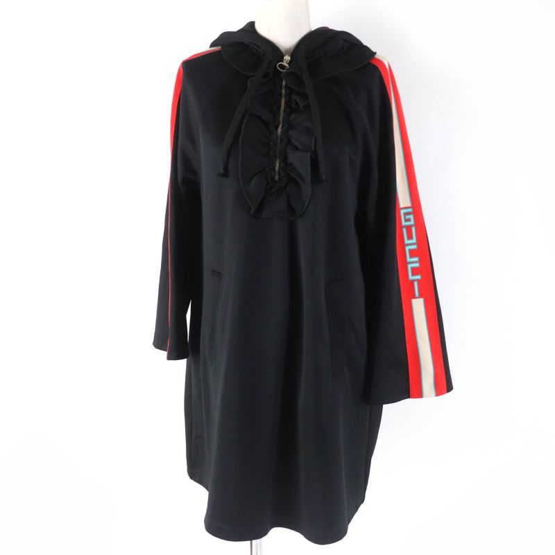Gucci 502280 Armline Logo Design Half Zip Hooded Jersey Dress Black XS Made In