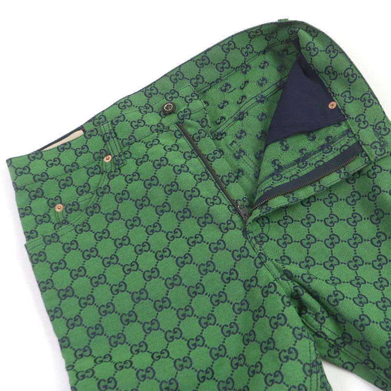 Gucci 623953 Cotton GG Jacquard Total Pattern Logo Leather Patch Bottoms Denim