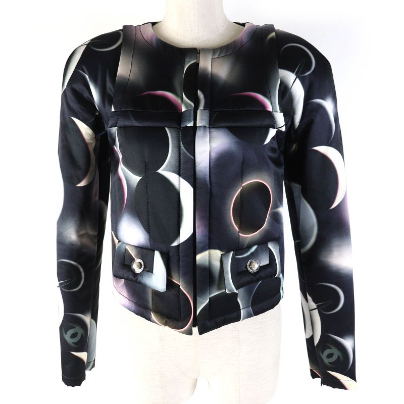 CHANEL P57584 Silk Blend Coco Mark Button All-over Pattern Zip-up Collarless
