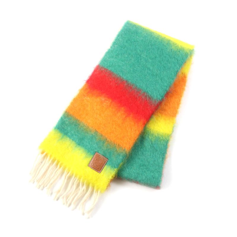 LOEWE Stripe Scarf Mohair Wool Mix Anagram Leather Patch Fringed Stole Scarf