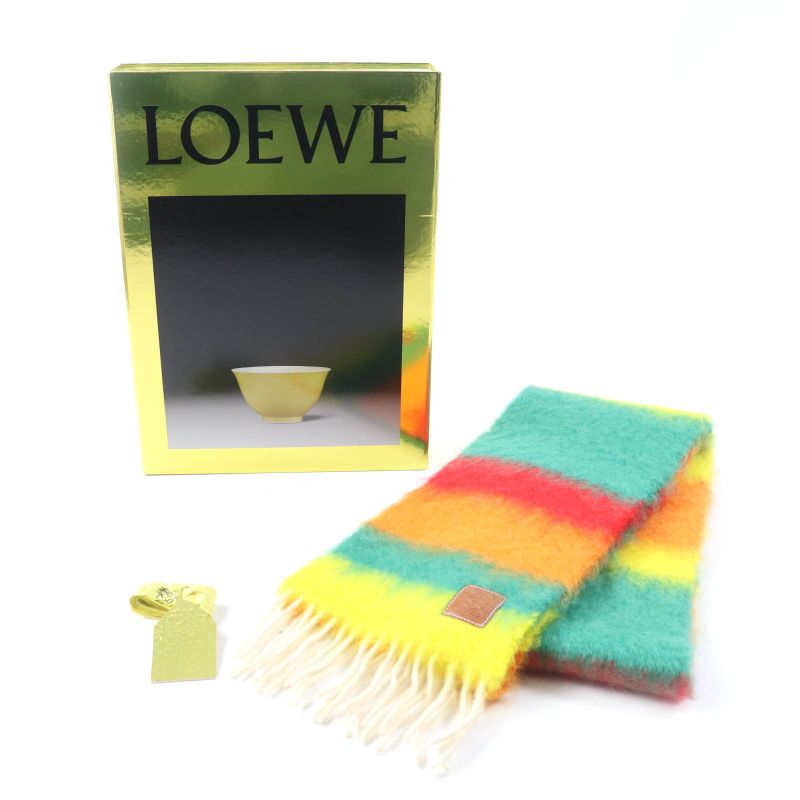 LOEWE Stripe Scarf Mohair Wool Mix Anagram Leather Patch Fringed Stole Scarf