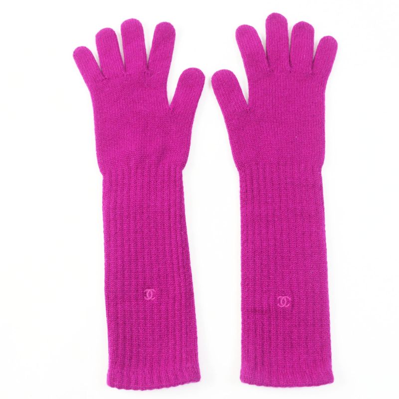 CHANEL 100% Cashmere Coco Embroidered Knit Long Gloves/gloves Purple Made In