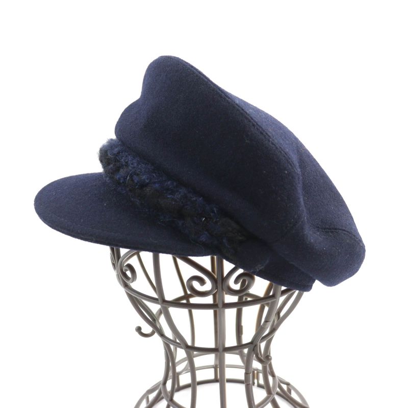 CHANEL 2019 19V 100% Wool With Coco Mark Hardware Knitted Use Hat Casket Navy S