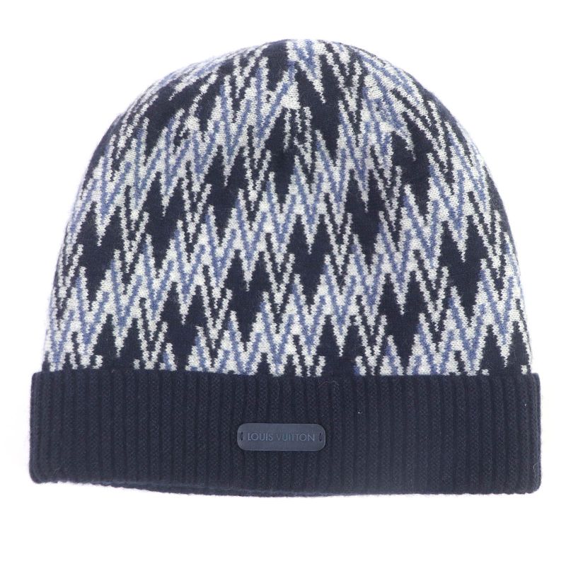 Louis Vuitton M70542 100% Cashmere Leather Logo Patch Chevron Stripe Knit Cap