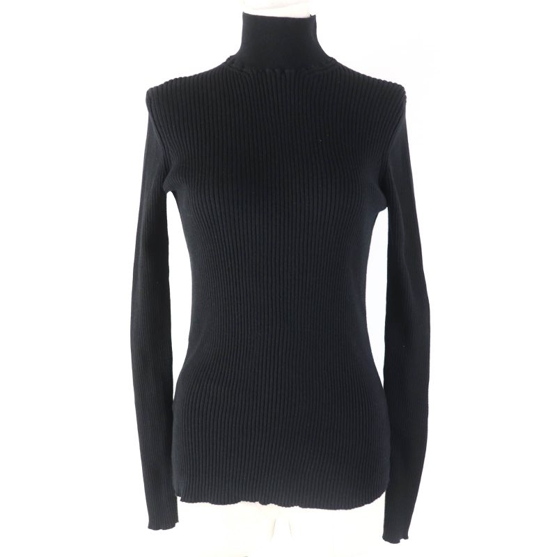 Prada 2023 Dna945 100% Cotton Ribbed Long Sleeve High Neck Knit Top Black 36