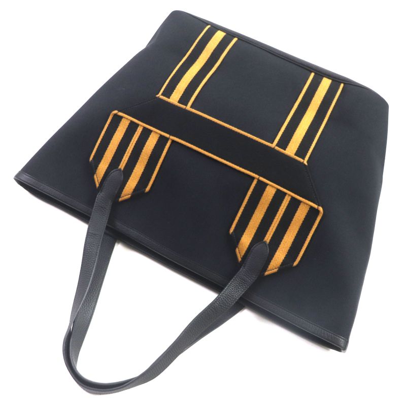 Hermes Pur Sangre Toile Militaire Taurillon Clemence Tote Bag Black Camel